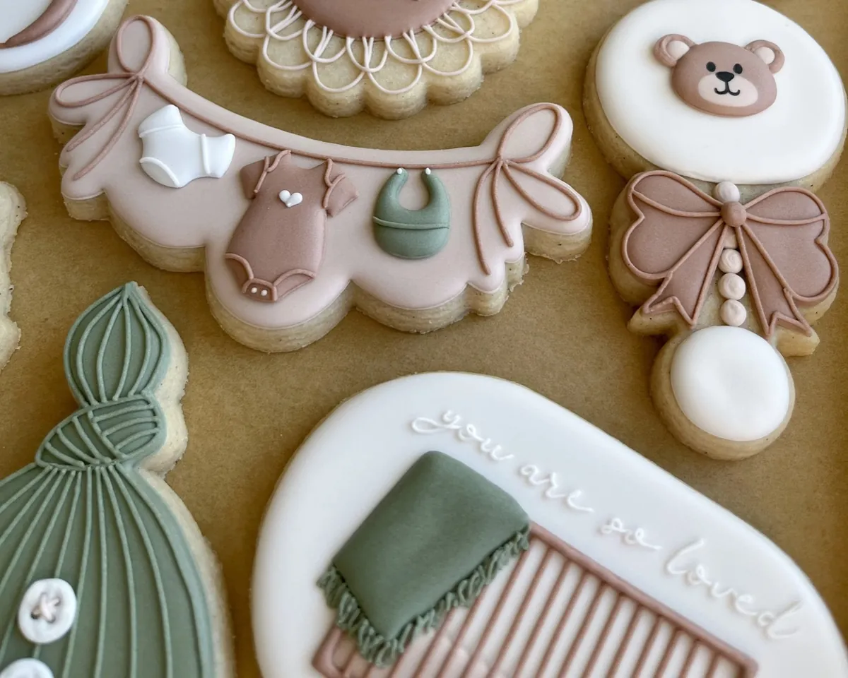 Baby-shower cookies with piped bows, bear and sage green icing
